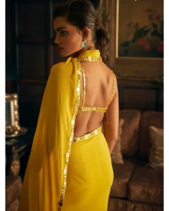 Yellow Mirror Work Stitched Sari Set
