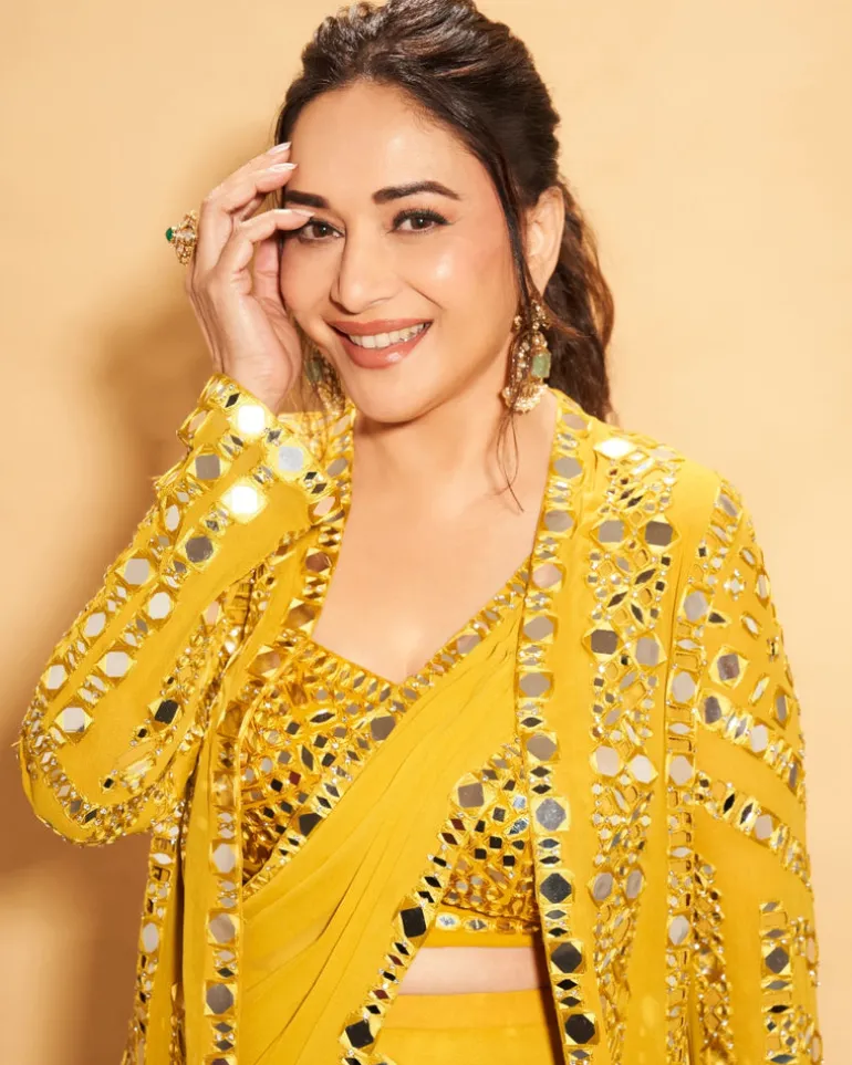 Yellow Mirror Work Stitched Sari Set