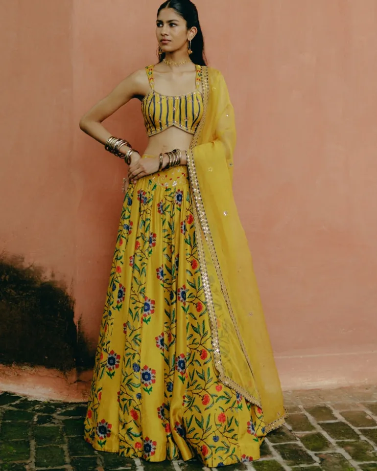 Yellow Mix Print Lehenga Set