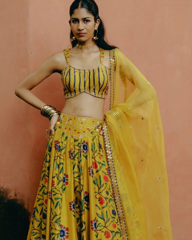 Yellow Mix Print Lehenga Set