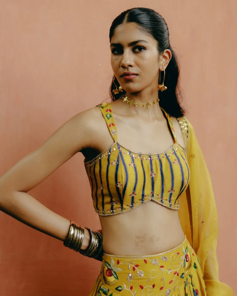 Yellow Mix Print Lehenga Set