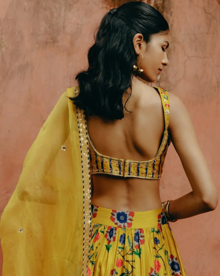 Yellow Mix Print Lehenga Set