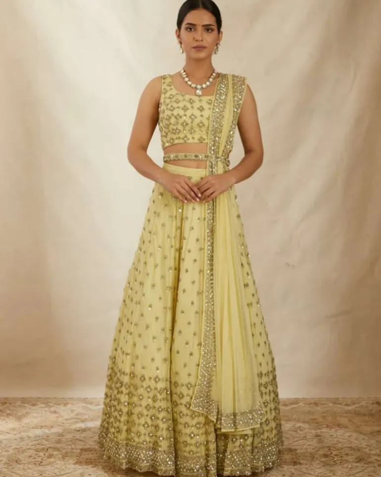 Yellow Net Embroidered Lehenga Set