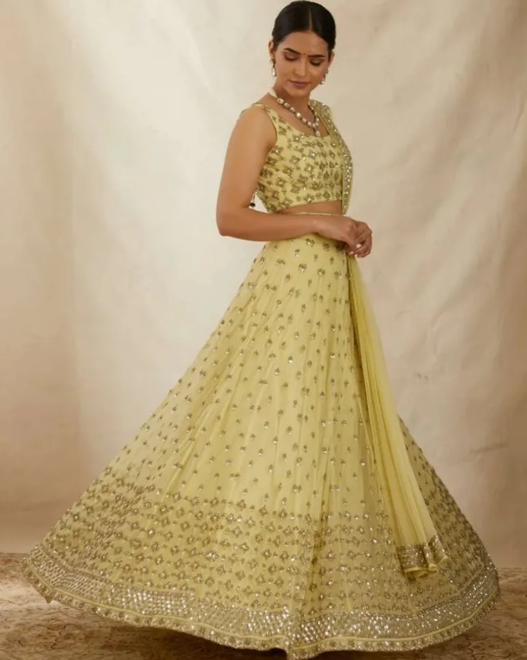 Yellow Net Embroidered Lehenga Set