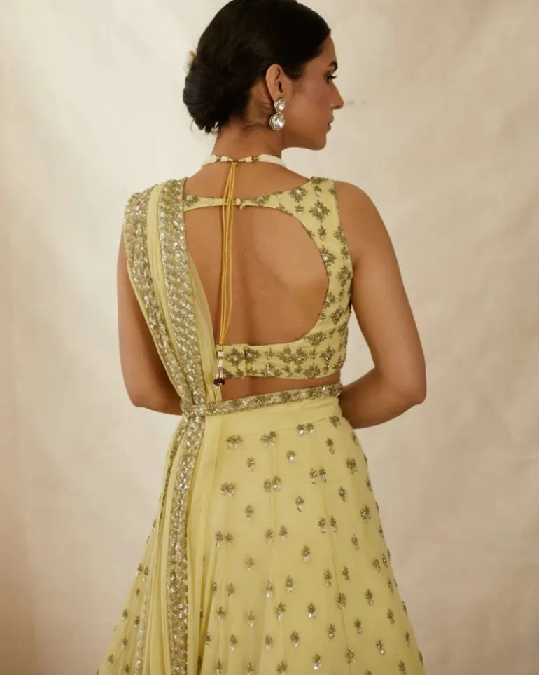 Yellow Net Embroidered Lehenga Set