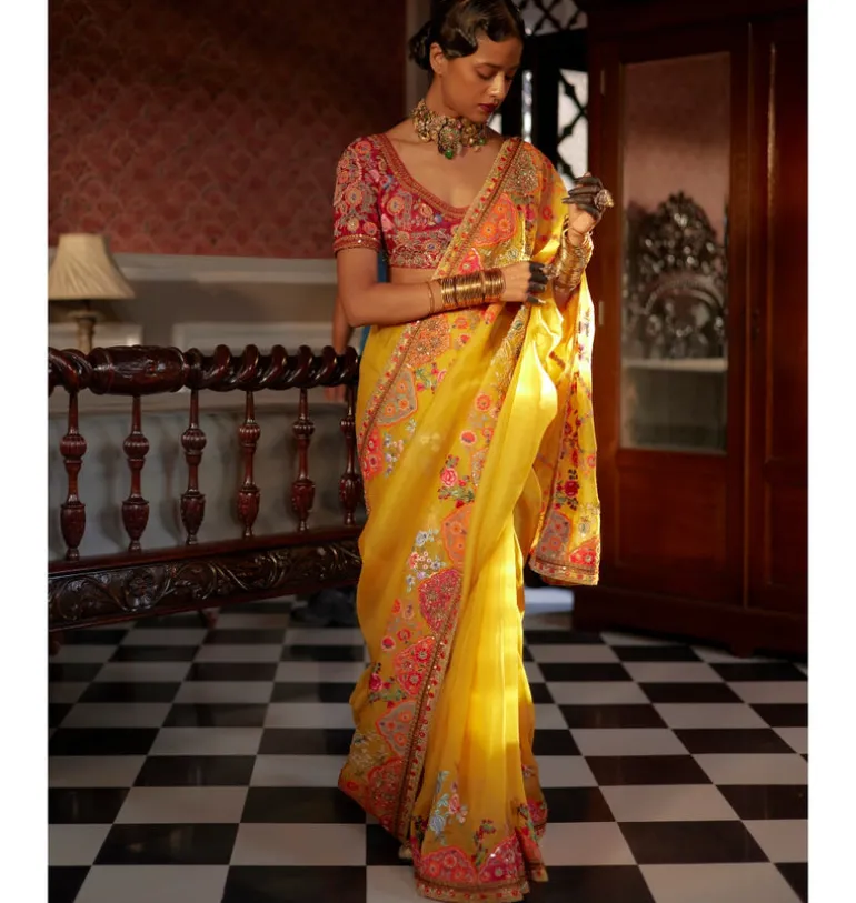 Yellow Organza Sari Set