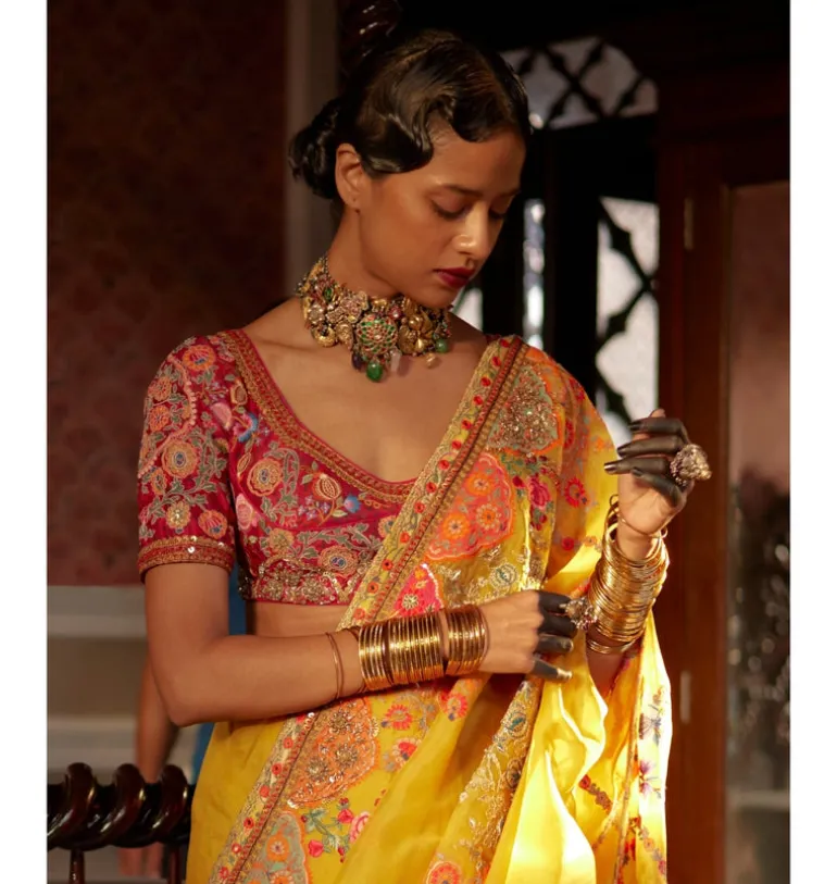 Yellow Organza Sari Set