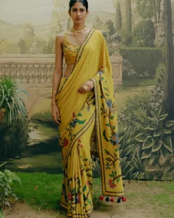 Yellow Placement Print Sari Set