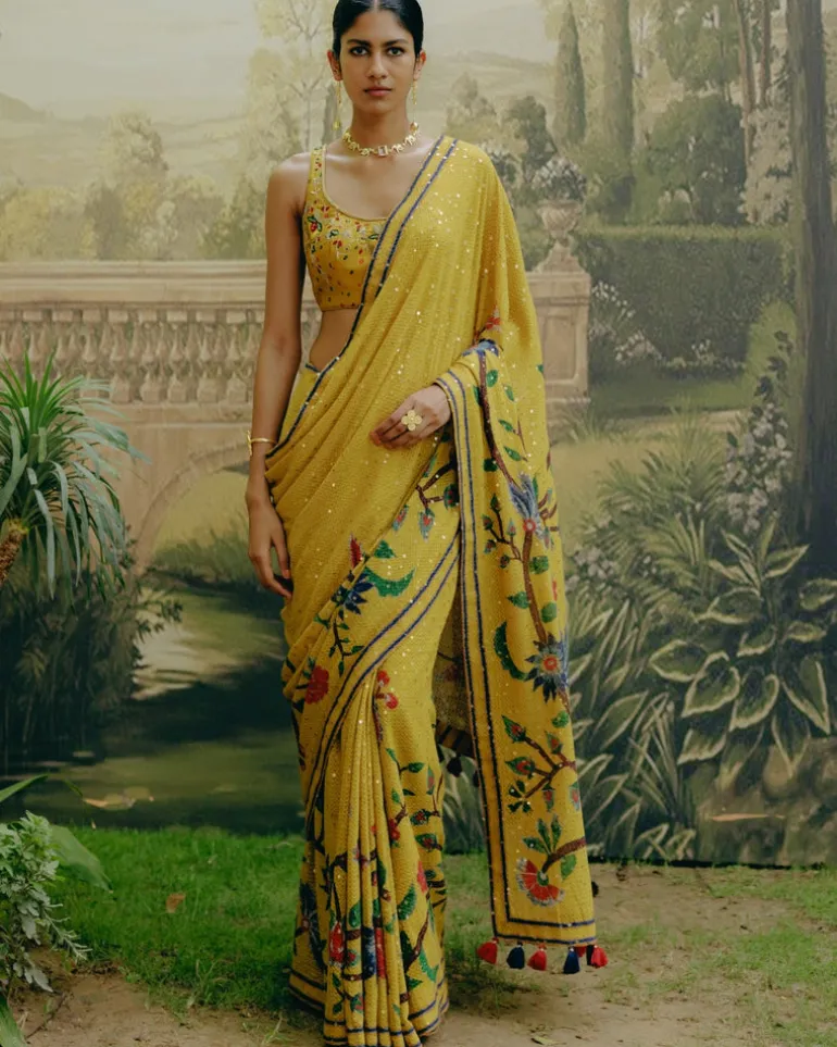 Yellow Placement Print Sari Set