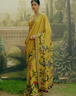 Yellow Placement Print Sari Set