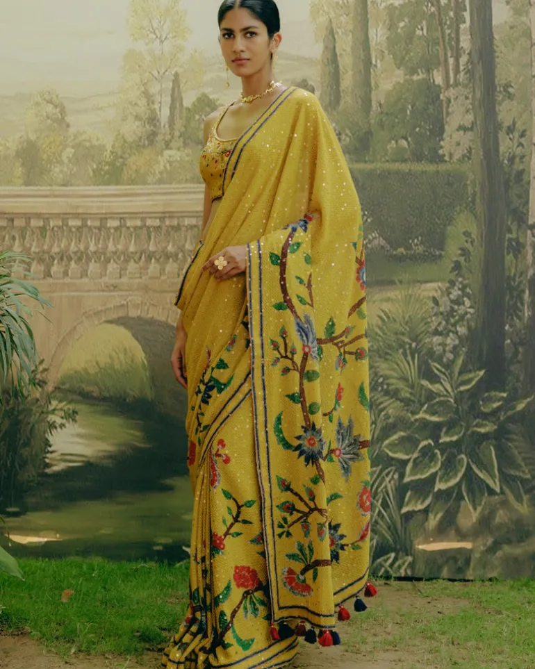 Yellow Placement Print Sari Set