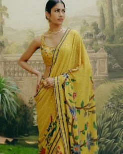 Yellow Placement Print Sari Set