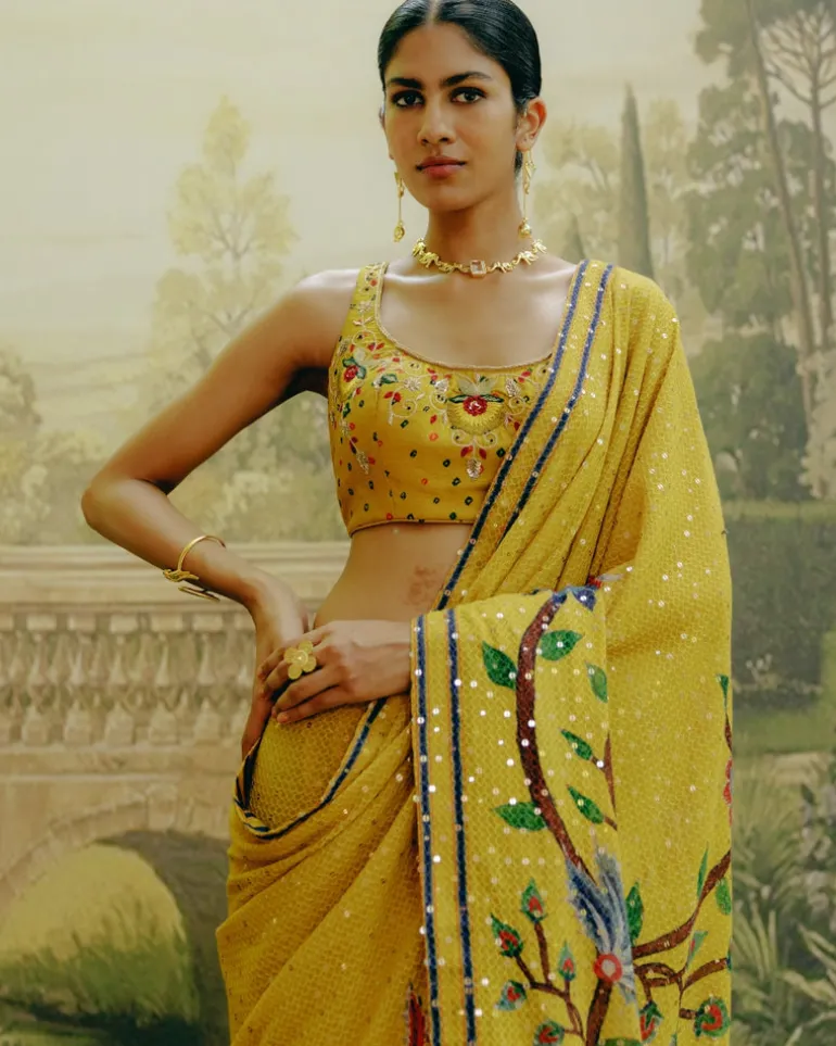Yellow Placement Print Sari Set