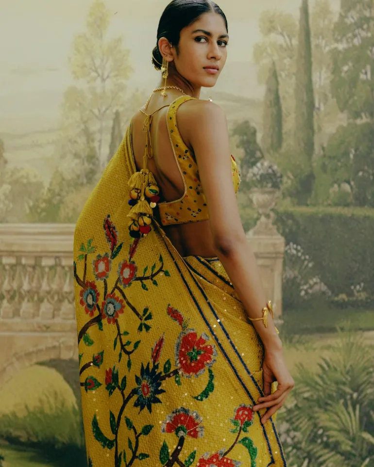 Yellow Placement Print Sari Set