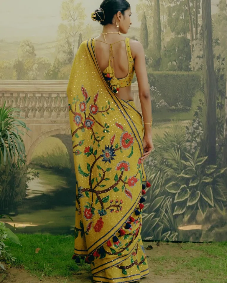 Yellow Placement Print Sari Set
