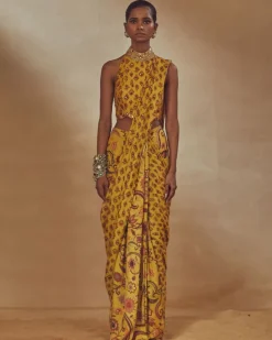 Yellow Printed Sari Set