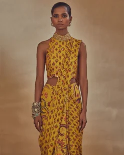 Yellow Printed Sari Set