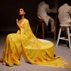 Yellow Pure Georgette Hand-Painted Embroidered Sari