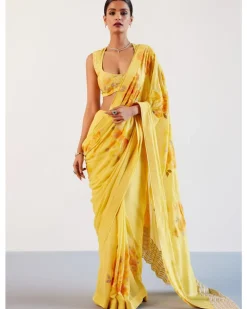 Yellow Pure Georgette Hand-Painted Embroidered Sari