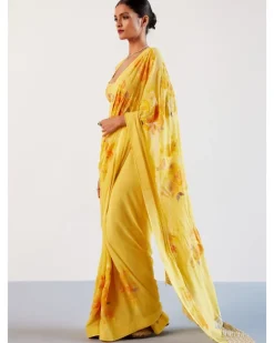 Yellow Pure Georgette Hand-Painted Embroidered Sari