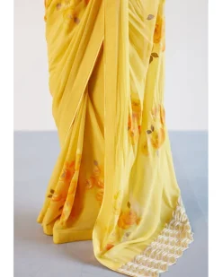 Yellow Pure Georgette Hand-Painted Embroidered Sari