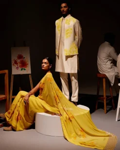 Yellow Pure Georgette Hand-Painted Embroidered Sari