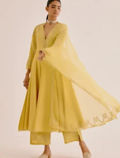 Yellow Silk Chanderi Dori Embroidered Anarkali Set