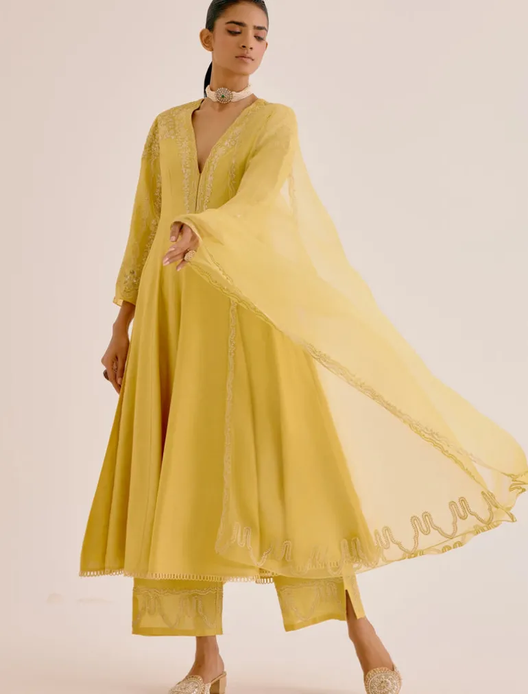 Yellow Silk Chanderi Dori Embroidered Anarkali Set