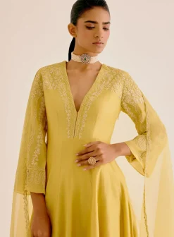 Yellow Silk Chanderi Dori Embroidered Anarkali Set