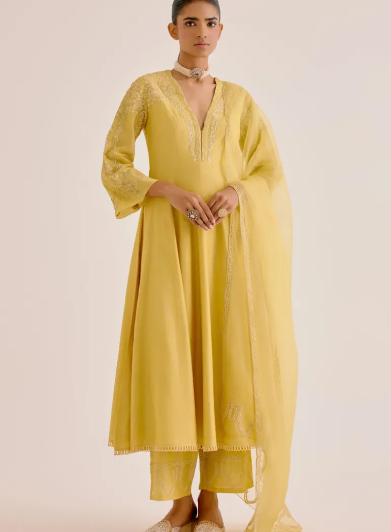Yellow Silk Chanderi Dori Embroidered Anarkali Set