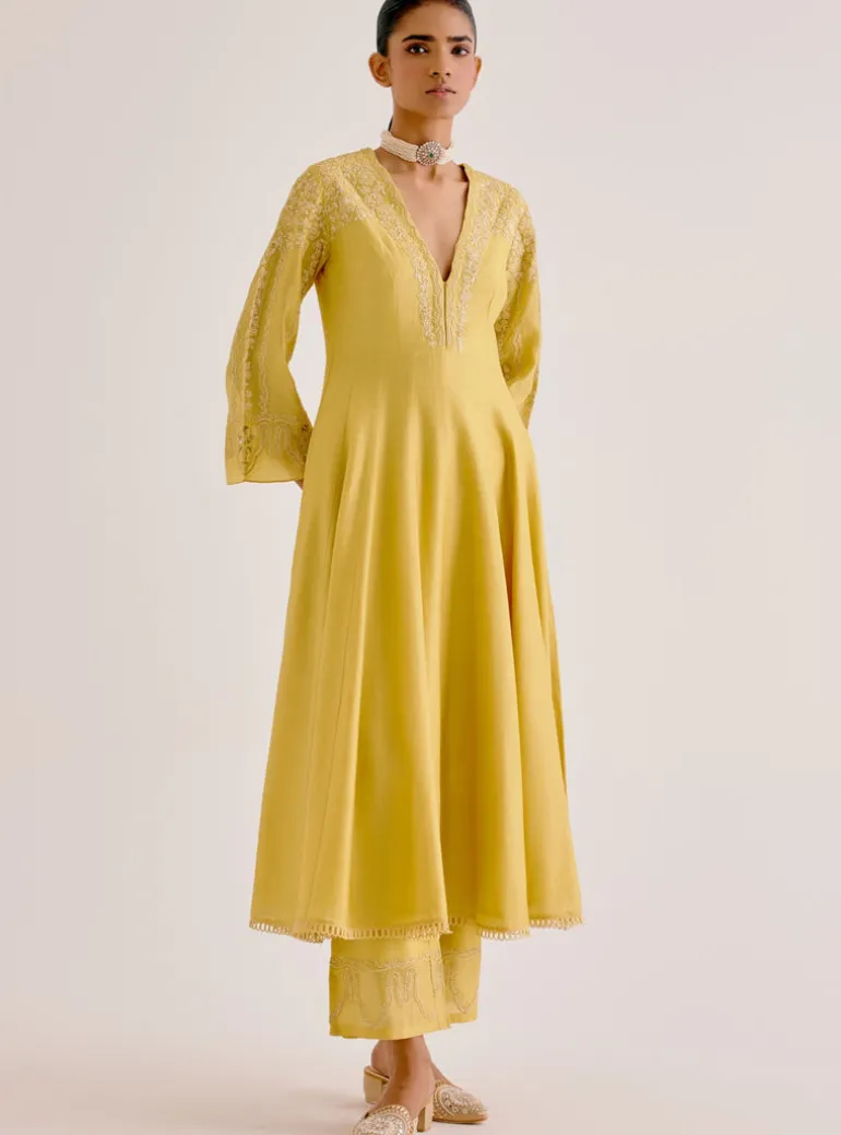Yellow Silk Chanderi Dori Embroidered Anarkali Set