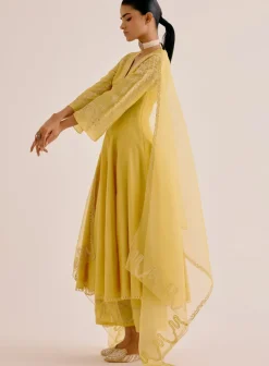 Yellow Silk Chanderi Dori Embroidered Anarkali Set