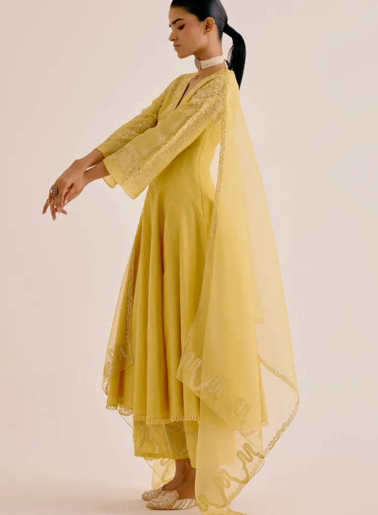 Yellow Silk Chanderi Dori Embroidered Anarkali Set