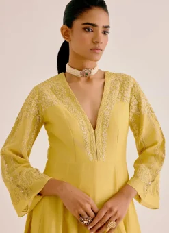 Yellow Silk Chanderi Dori Embroidered Anarkali Set