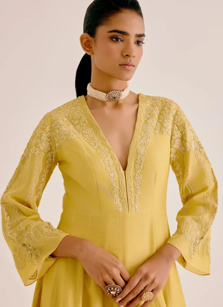 Yellow Silk Chanderi Dori Embroidered Anarkali Set