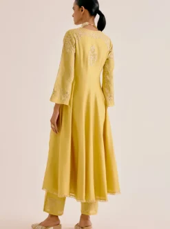 Yellow Silk Chanderi Dori Embroidered Anarkali Set