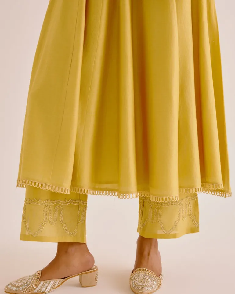 Yellow Silk Chanderi Dori Embroidered Anarkali Set