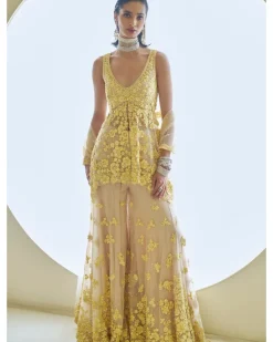 Yellow Three-Dimensional Floral Sharara Set