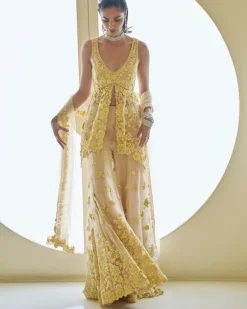 Yellow Three-Dimensional Floral Sharara Set