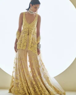 Yellow Three-Dimensional Floral Sharara Set