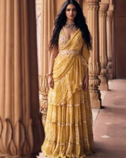 Yellow Vintage Romantic Floral Printed Pre-Draped Sari Set