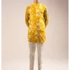 Yellow White Rose Side Slit Kurta Pyjama Set