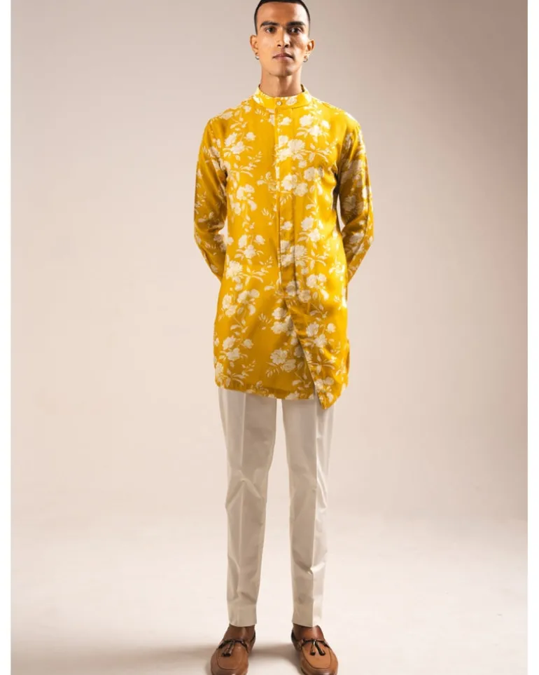 Yellow White Rose Side Slit Kurta Pyjama Set