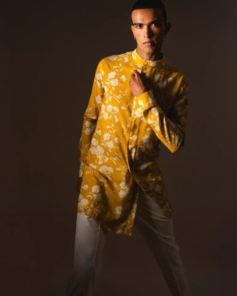 Yellow White Rose Side Slit Kurta Pyjama Set
