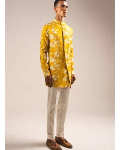 Yellow White Rose Side Slit Kurta Pyjama Set