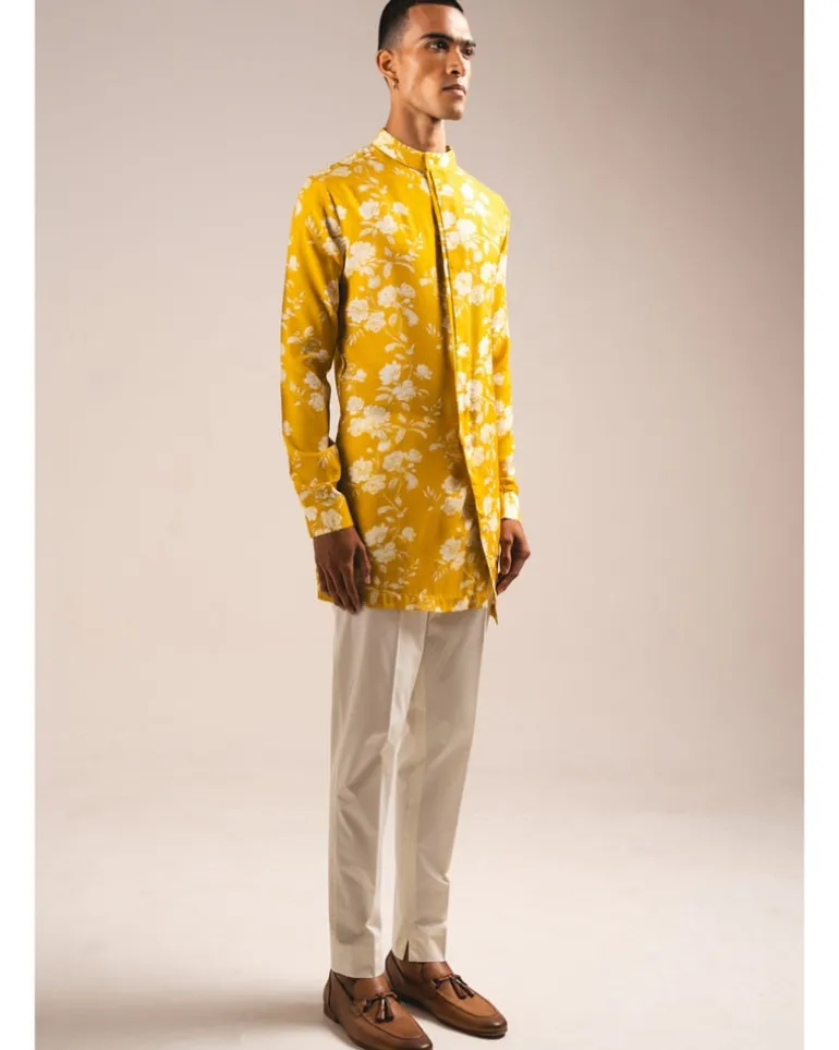 Yellow White Rose Side Slit Kurta Pyjama Set