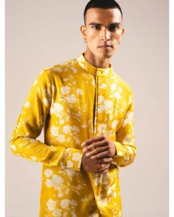 Yellow White Rose Side Slit Kurta Pyjama Set