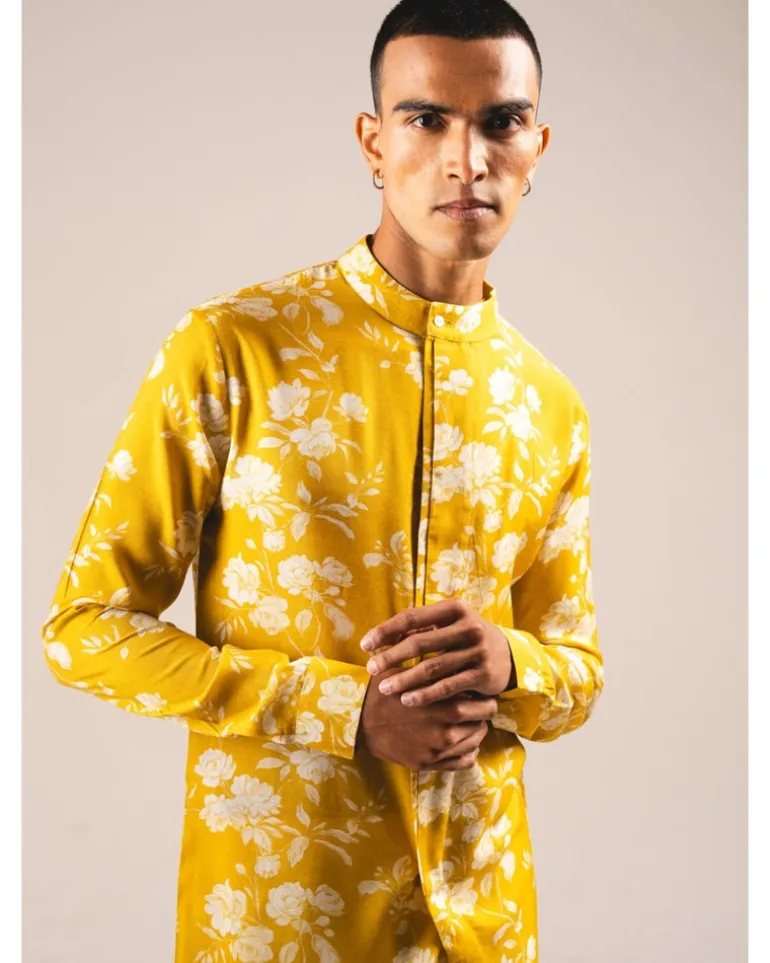 Yellow White Rose Side Slit Kurta Pyjama Set