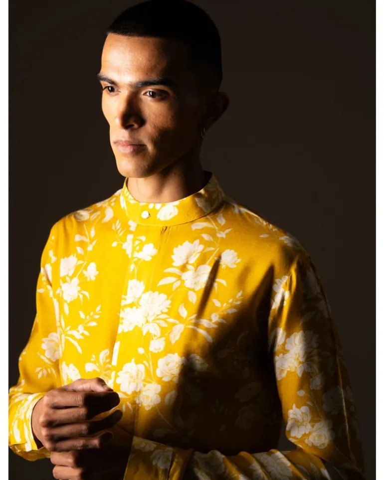 Yellow White Rose Side Slit Kurta Pyjama Set